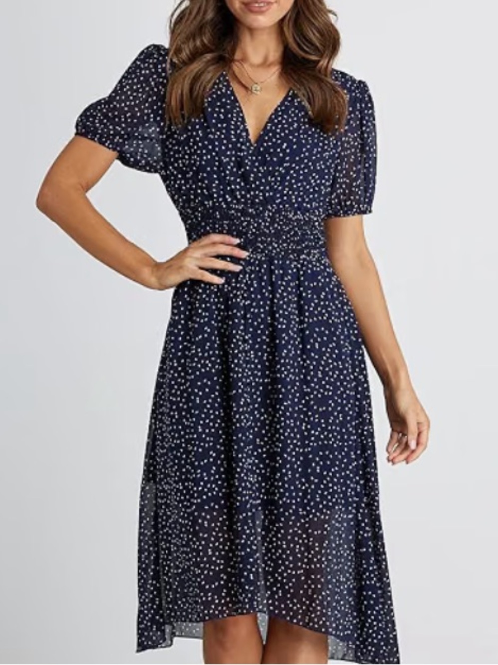 Navy Polka Dot faux Wrap Dress